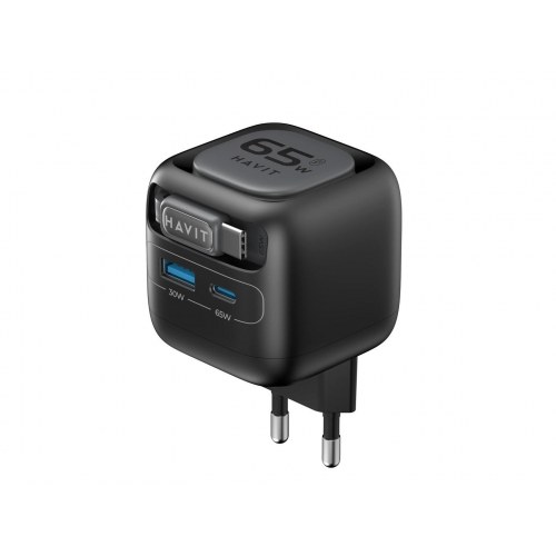 Havit UC253 EU 65 W GaN rejseoplader med udtrækkeligt kabel - sort