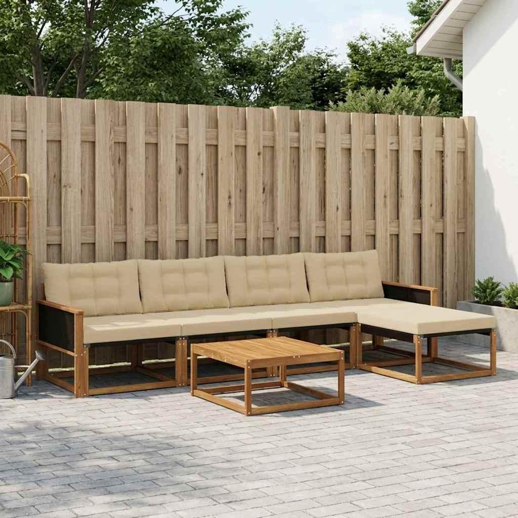 Udendørs sofagruppe i akacietræ med beige hynder - 6 dele