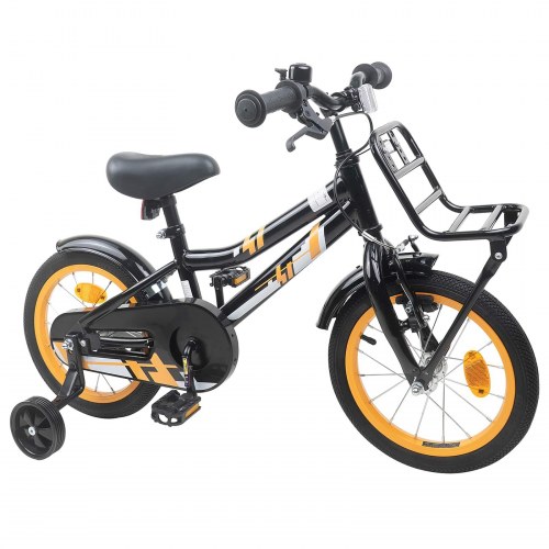Børnecykel 16" - til 4-6 år, orange/sort med støttehjul og kurv