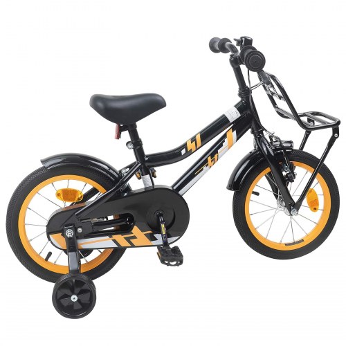 Børnecykel 16" - til 4-6 år, orange/sort med støttehjul og kurv