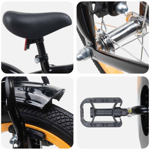 Børnecykel 16" - til 4-6 år, orange/sort med støttehjul og kurv