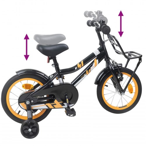 Børnecykel 16" - til 4-6 år, orange/sort med støttehjul og kurv