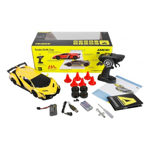 RC driftebil 1:18 med 2,4 GHz - Lamborghini Veneno, gul (Amewi 21115)