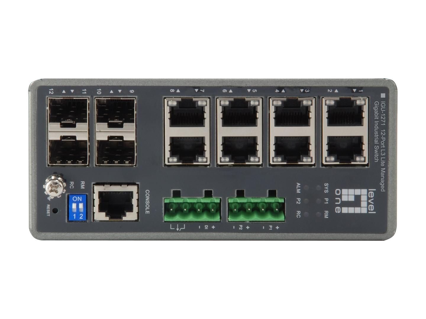 LevelOne TURING - 12‑ports L3 Lite administrerbar Gigabit industri‑switch, 4 x SFP, DIN-skinne, -40 °C til 75 °C billede