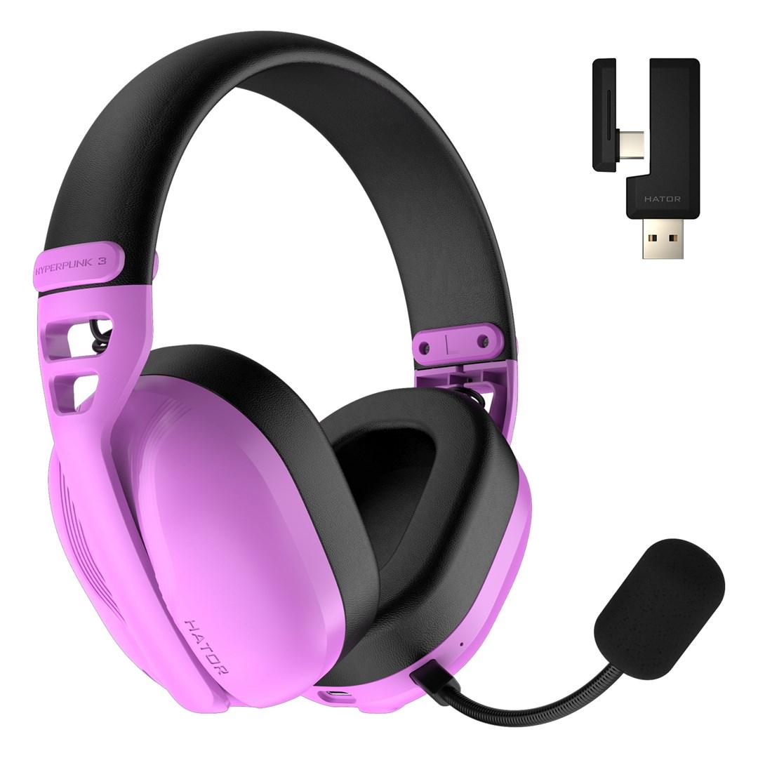 Hator Hyperpunk 3 - trådløst gaming-headset med aftagelig mikrofon, USB-C/USB-A, Bluetooth - violet