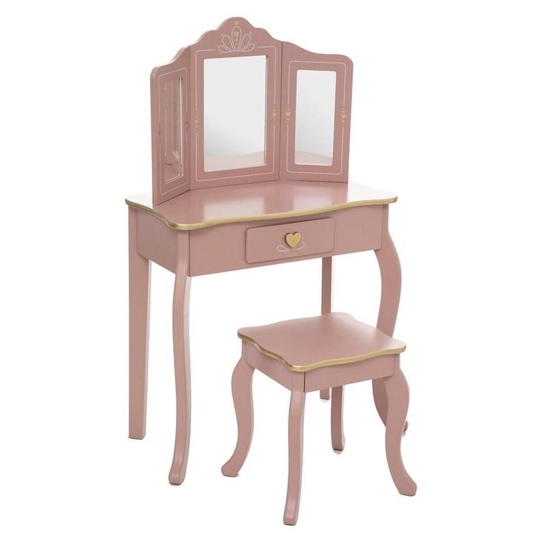 Børnesminkebord med skammel - rosa toilettbord til børneværelse