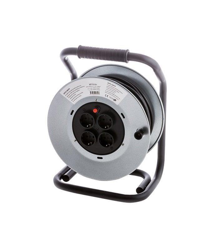 Kabeltromle 50 m - 3G1,5 mm² med 4 udtag, metalramme