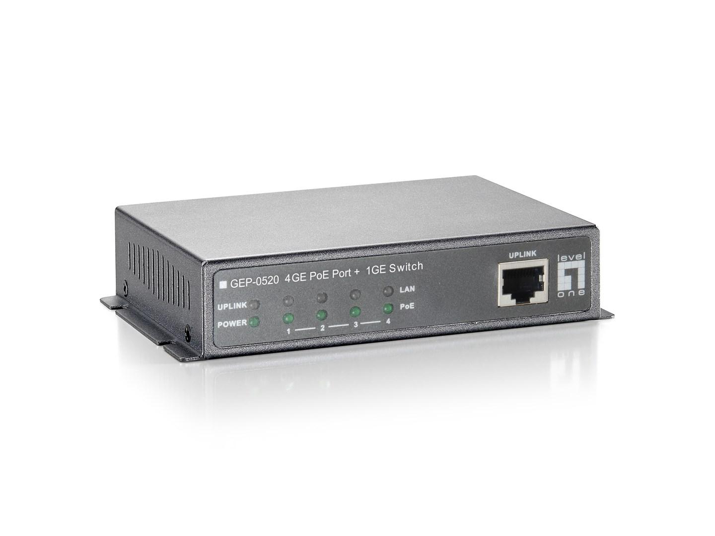 LevelOne GEP-0520 5-port Gigabit PoE switch - 61,6 W, 4 PoE-porte, strømforsyning medfølger billede