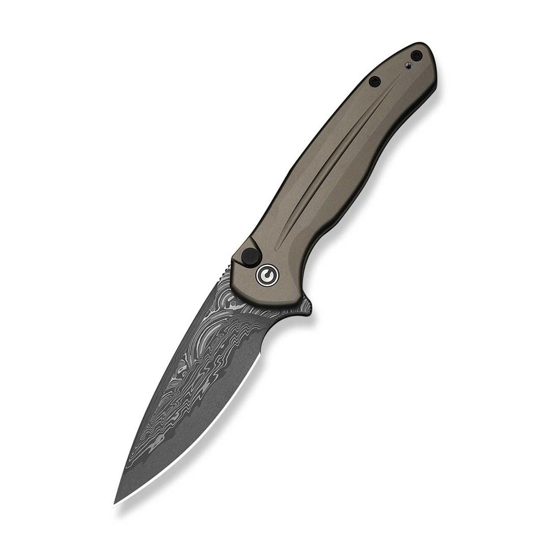 CIVIVI Kitefin foldekniv med button lock - damaskusblad, grå aluminiumskaft