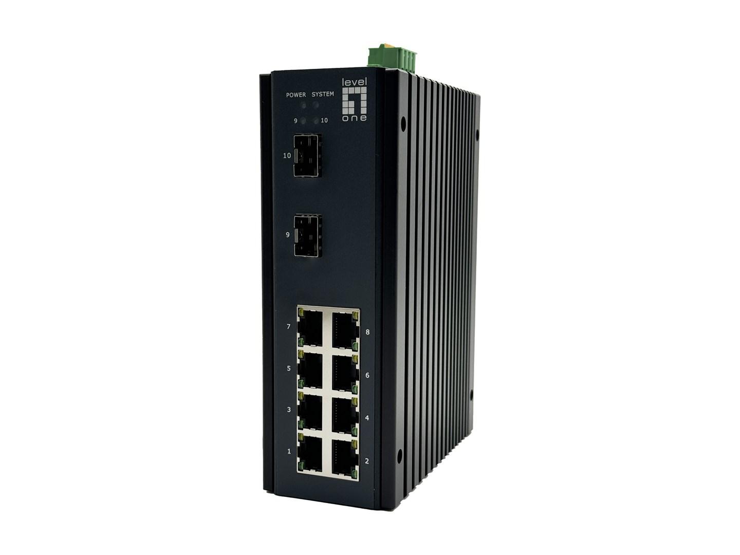 LevelOne 10-port L2+ administrerbar Gigabit industri-switch, 8x RJ45 1 GbE, 2x SFP 1/2,5 GbE, DIN-skinne, -40 °C til 75 °C billede
