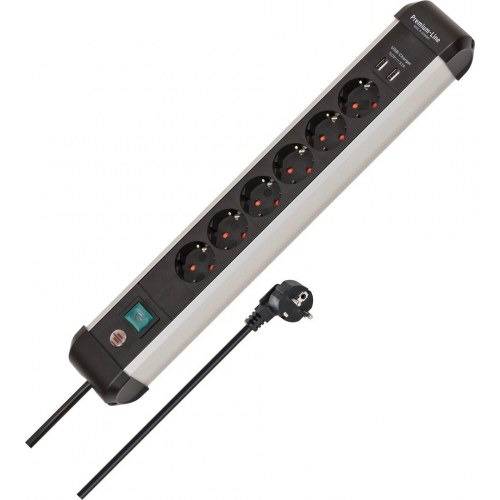 Stikdåse med afbryder - sølv/sort, 6 udtag + 2× USB