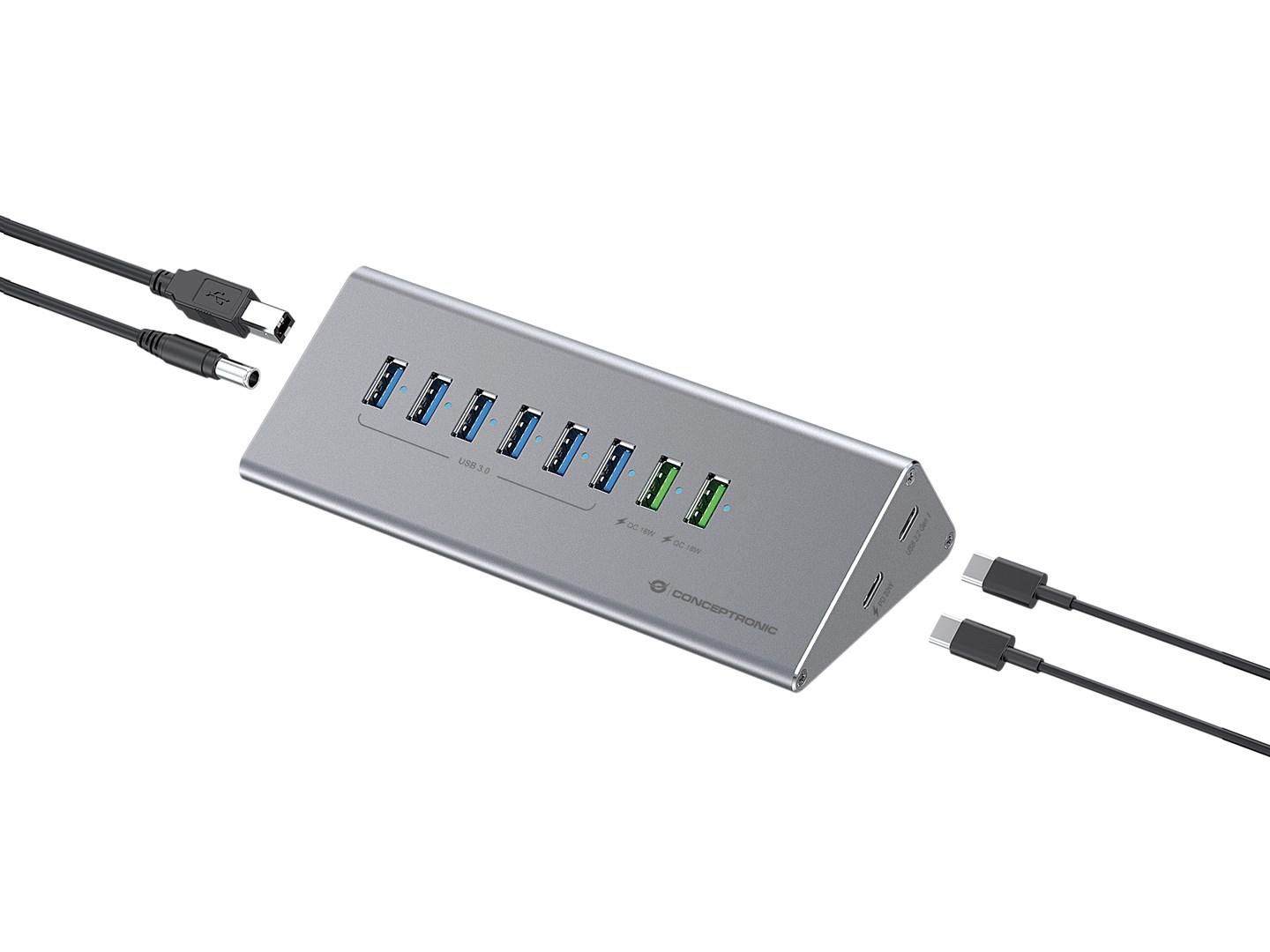 Conceptronic HUBBIES18G - 10‑i‑1 USB 3.0 hub og 60 W oplader med 2‑i‑1 USB‑C/USB‑A kabel