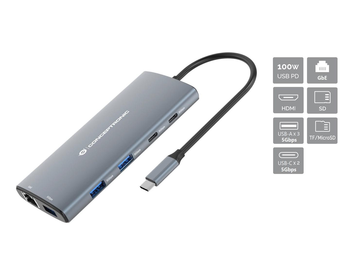 Conceptronic DONN06G 10-i-1 USB‑C dockingstation - HDMI, 100 W USB PD, GbE, SD/microSD billede
