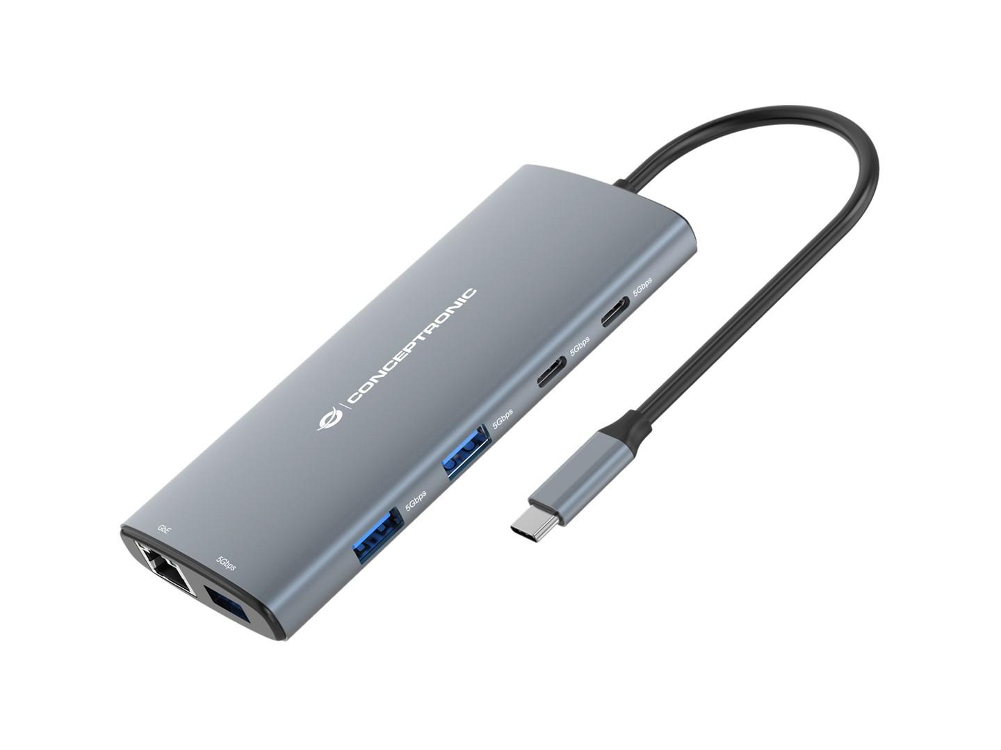Conceptronic DONN06G 10-i-1 USB‑C dockingstation - HDMI, 100 W USB PD, USB‑C 5 Gbps x2, USB‑A 5 Gbps x3, SD, MicroSD, Gigabit Ethernet
