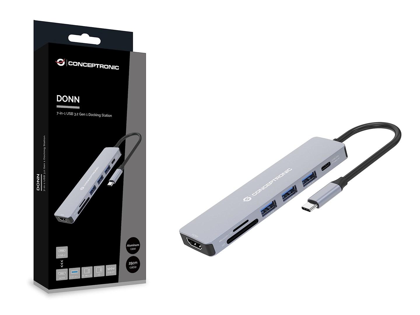Conceptronic DONN 7-i-1 USB-C dockingstation - HDMI, 3x USB-A, SD/TF, 25 cm - grå