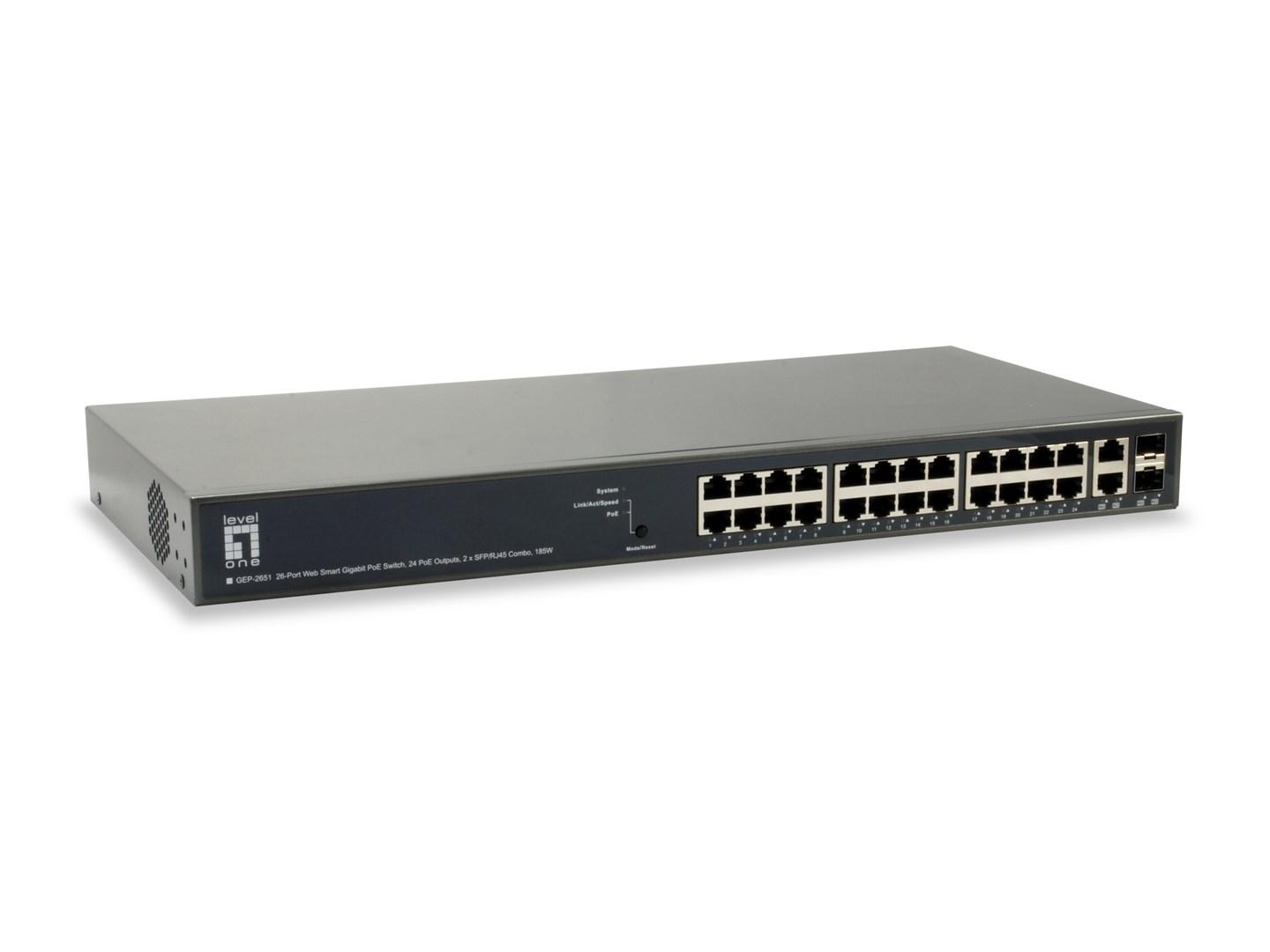 LevelOne TURING GEP-2651 - 26‑ports websmart Gigabit PoE switch, 24x PoE, 2x SFP/RJ45 combo, 185 W billede