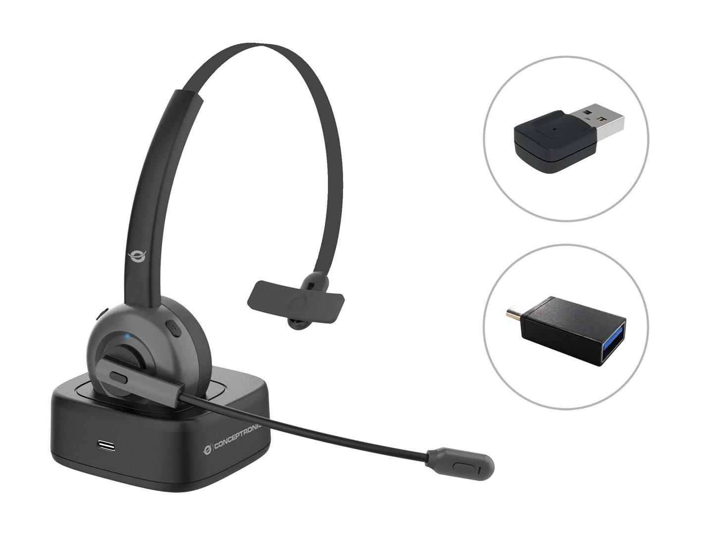 Conceptronic Polona trådløst Bluetooth-headset med ladestation og USB-lydadapter billede