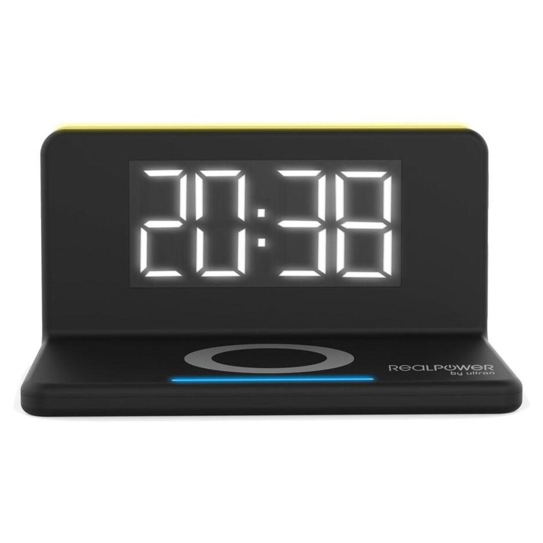 RealPower ChargeAir Digital - sort vækkeur med LED-display og trådløs oplader 10 W