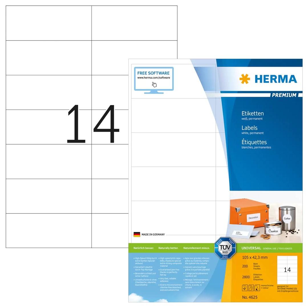 HERMA Premium etiketter A4 - 105 × 42,3 mm, hvid, mat - 2.800 stk. billede