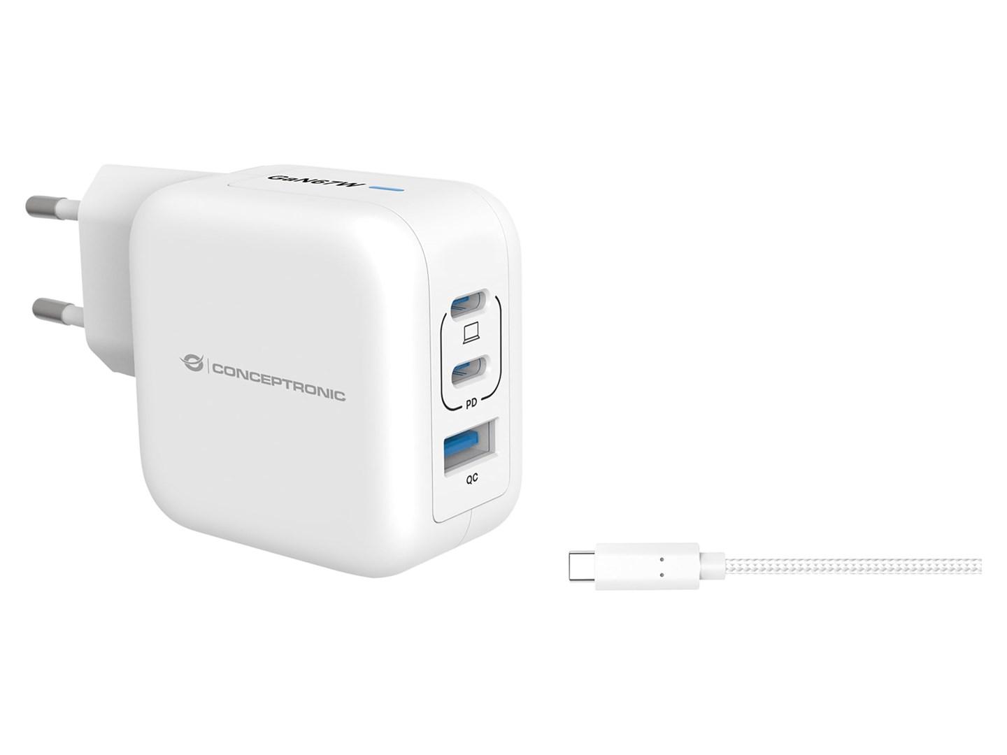 Conceptronic 3‑ports GaN vægoplader - 2x USB‑C + 1x USB‑A, 67 W, PD 3.0/PPS - hvid billede