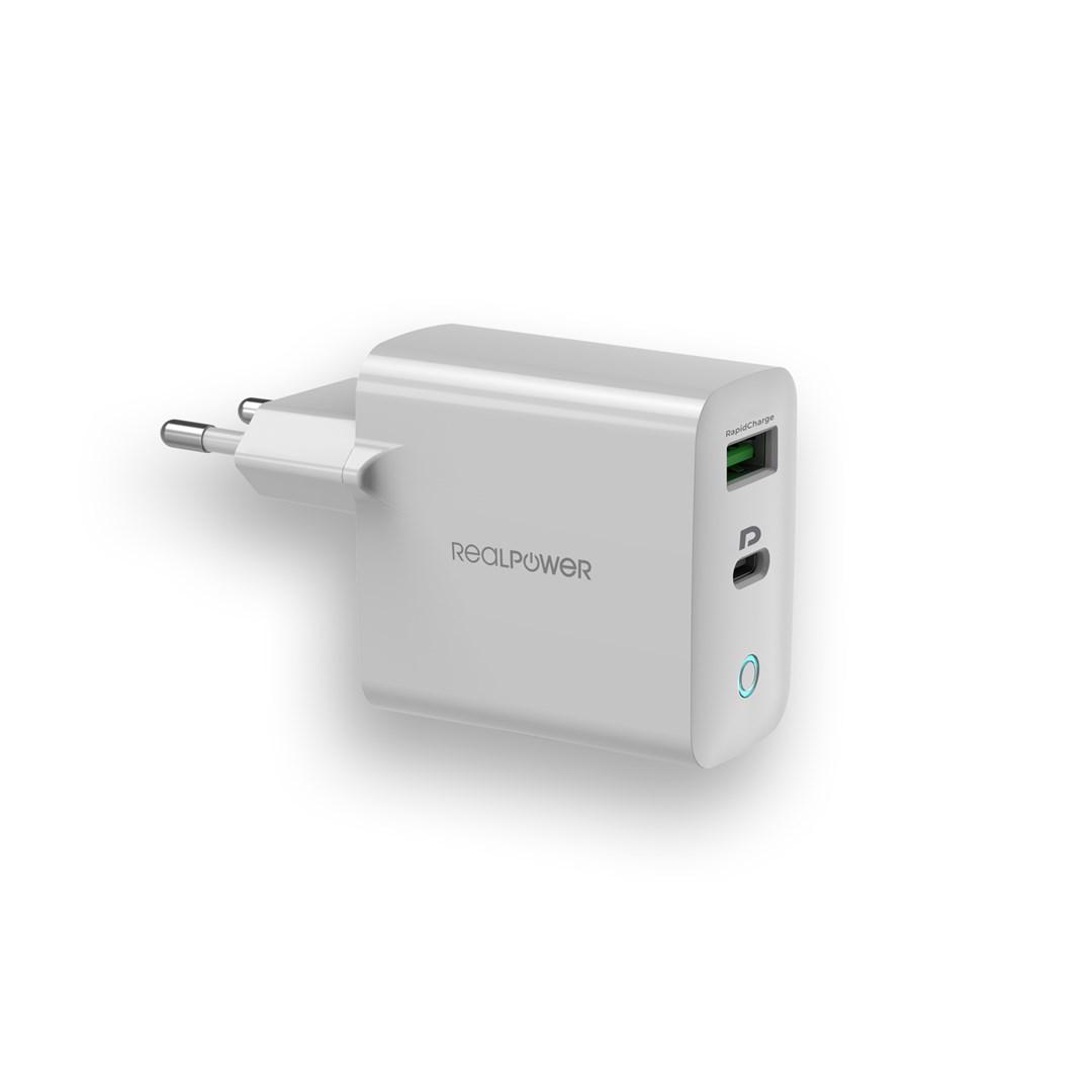 RealPower 352262 vægoplader 65 W - USB-C PD + USB, hurtig opladning, hvid