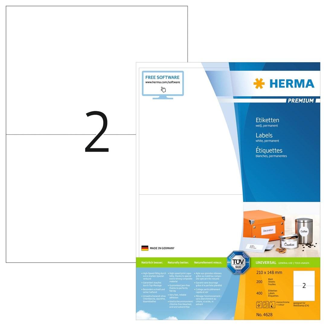 HERMA Premium etiketter A4 - hvid, 210 × 148 mm, papir, 400 stk. billede