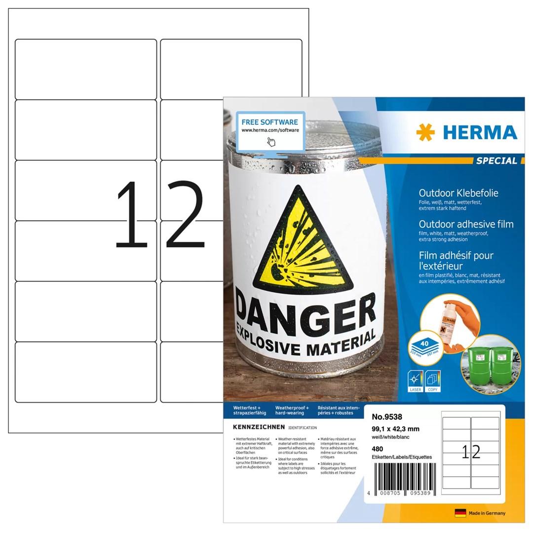 HERMA 9538 udendørs etiketter - 99,1 × 42,3 mm, hvid, mat, 480 stk. billede