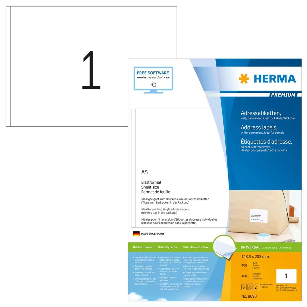 HERMA adresseetiketter Premium A5 148,5 × 205 mm - hvid, mat papir, 400 stk. billede