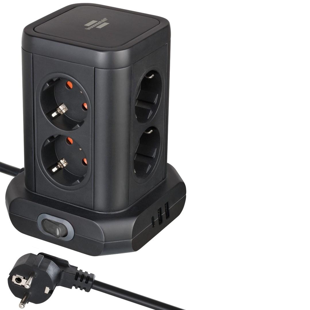 Brennenstuhl Powerstrip-tårn med 8 powerstrips i 45°-konfiguration (2x USB A & 1x USB C Power Delivery, med 2 m kabel, to-polet kontakt)