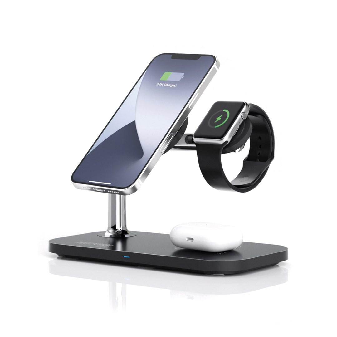 ChargeAIR Mag 3-i-1 trÃ¥dlÃ¸s oplader - smartphone, smartwatch og tablet - sort
