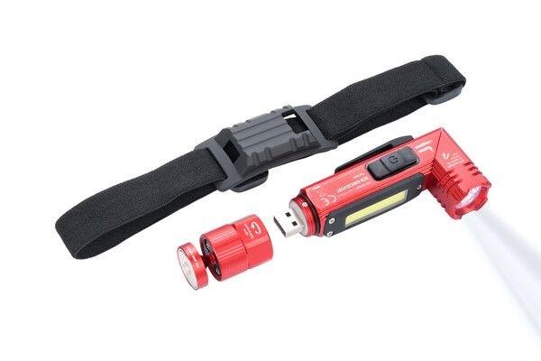 RÃ¸d hÃ¥nd- og pandelampe med COB LED - genopladelig, IPX4, magnet