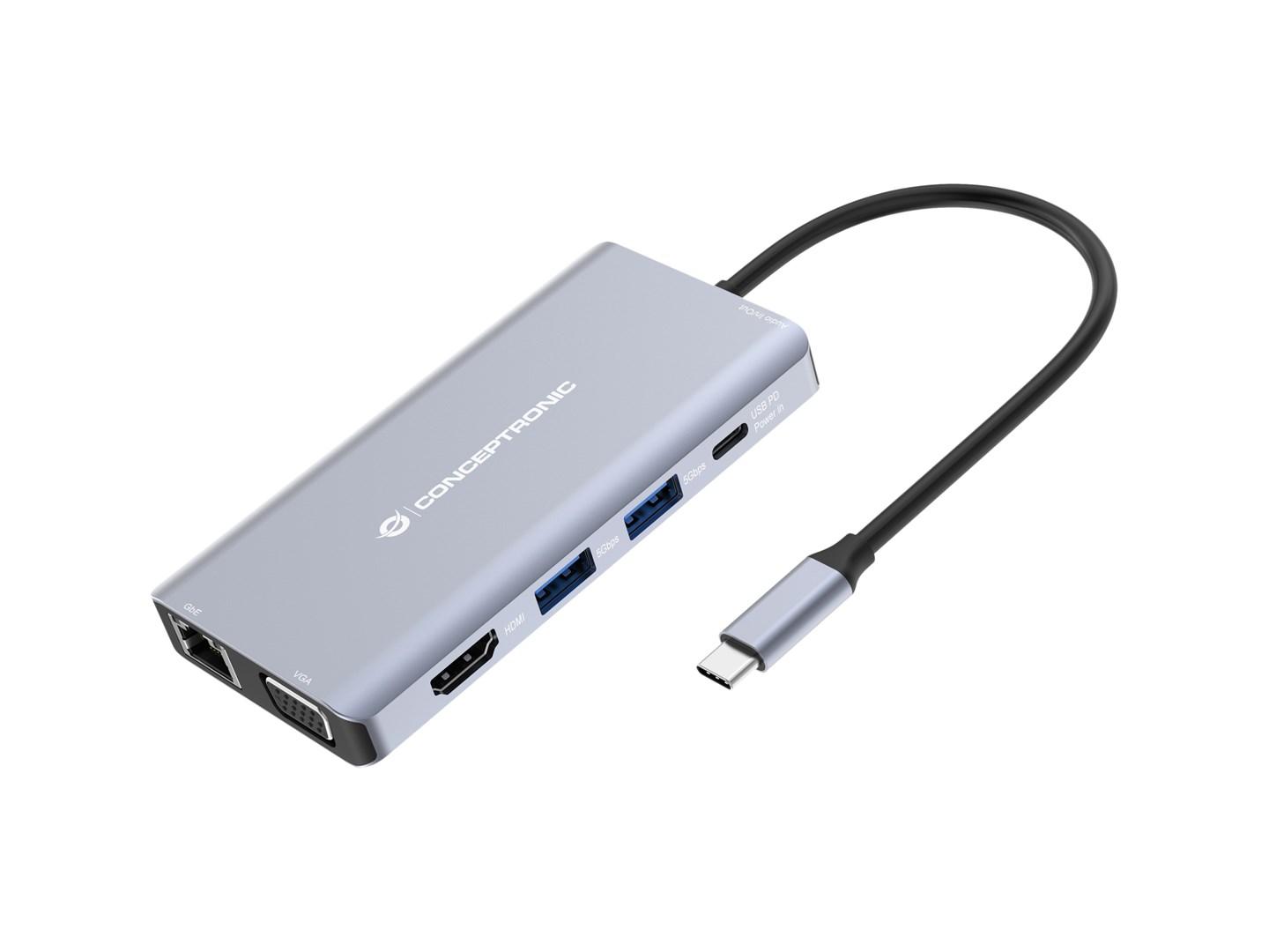 Conceptronic DONN20G - 10‑i‑1 USB‑C dockingstation, 4K HDMI, VGA, USB‑A/USB‑C 5 Gbps, SD/TF, lyd, Gigabit LAN, 100 W PD billede