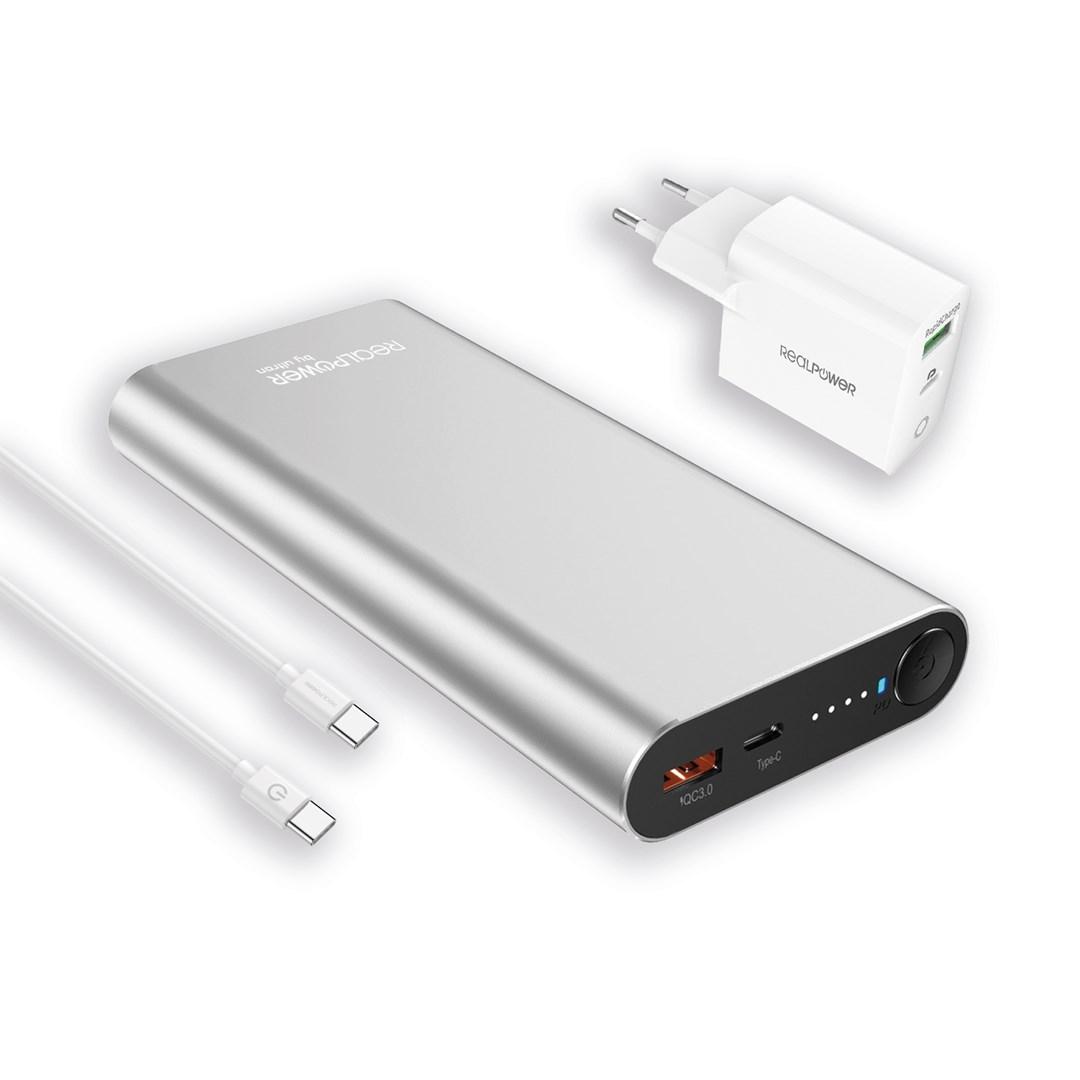 Powerbank 20.000 mAh i aluminium med USB-C PD 100 W og QC 3.0 - RealPower PB-20000PD