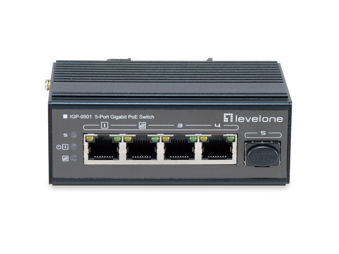LevelOne 5‑port Gigabit industri-switch med PoE, DIN-skinne, -30-65 °C billede