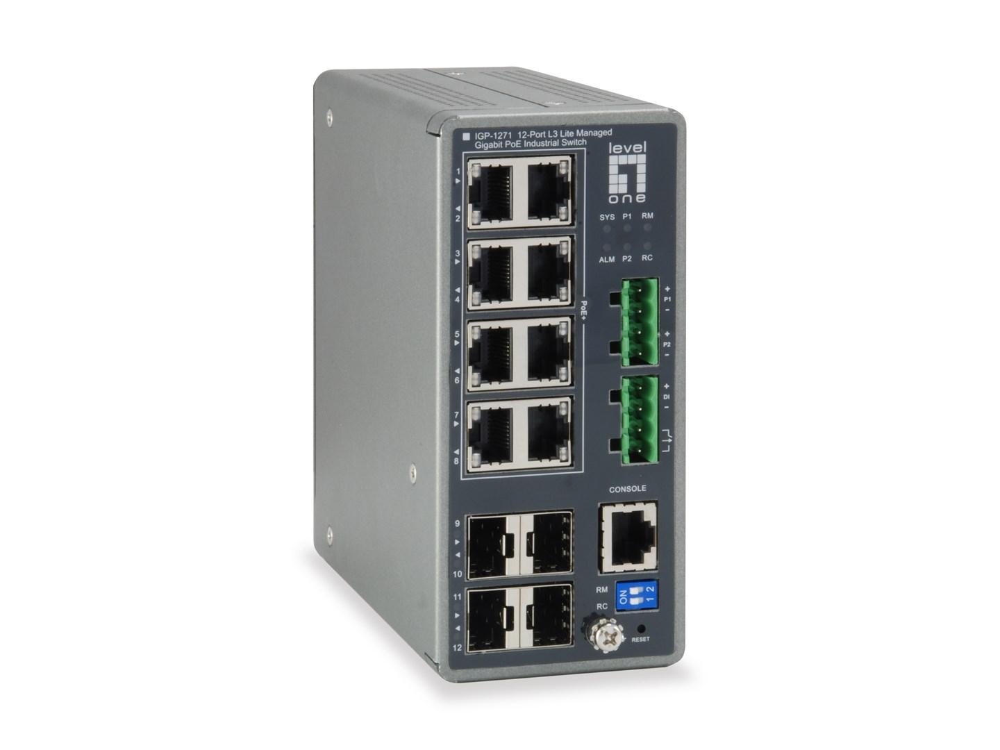 LevelOne TURING - 12‑port L3 Lite administrerbar Gigabit industriel switch, 8x PoE+, 240 W, 4x SFP, −40 °C til 75 °C billede
