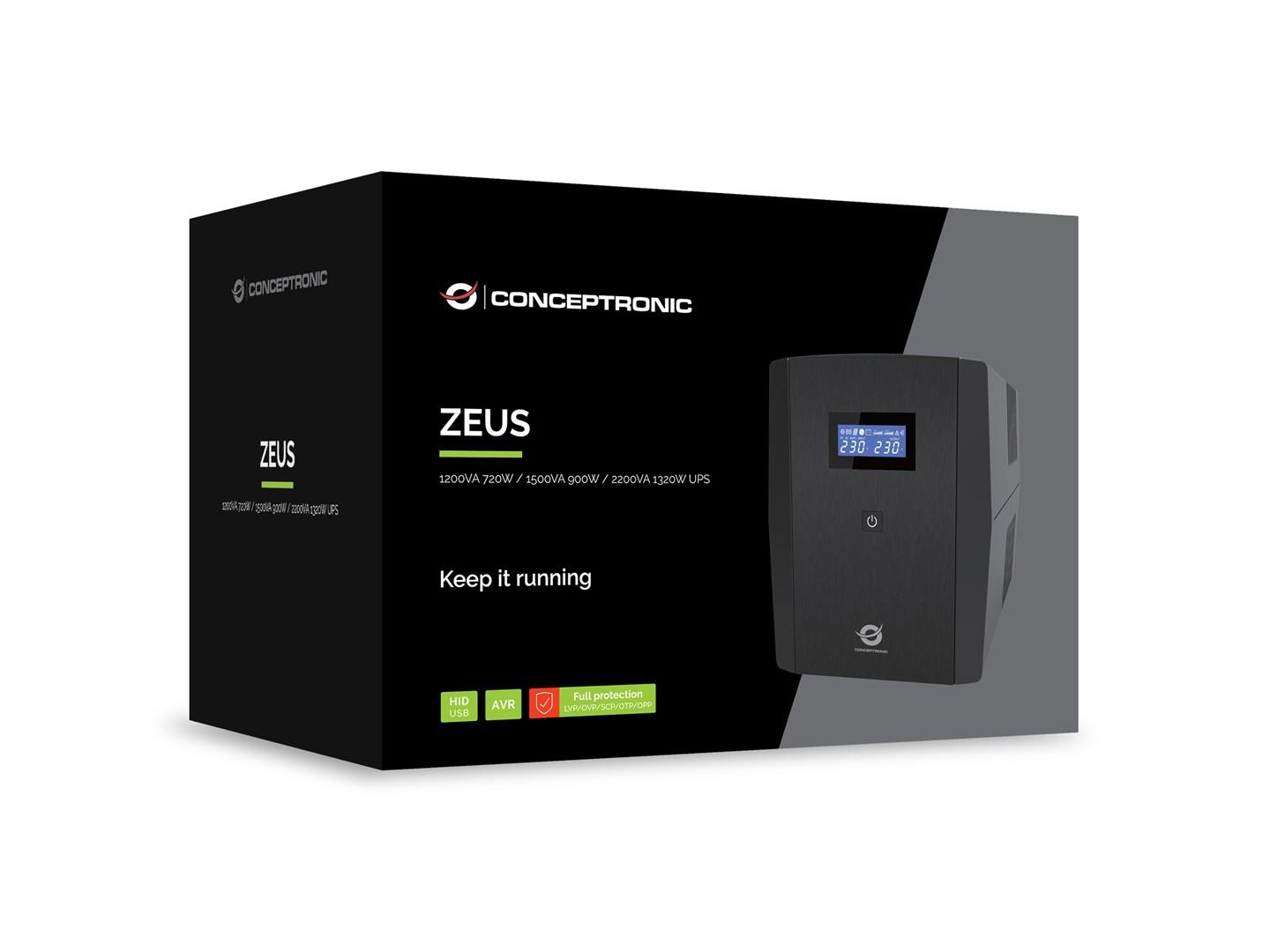 Conceptronic ZEUS04G UPS 2200VA/1320W - 4x UK stik, LCD, AVR, USB, RJ45 billede