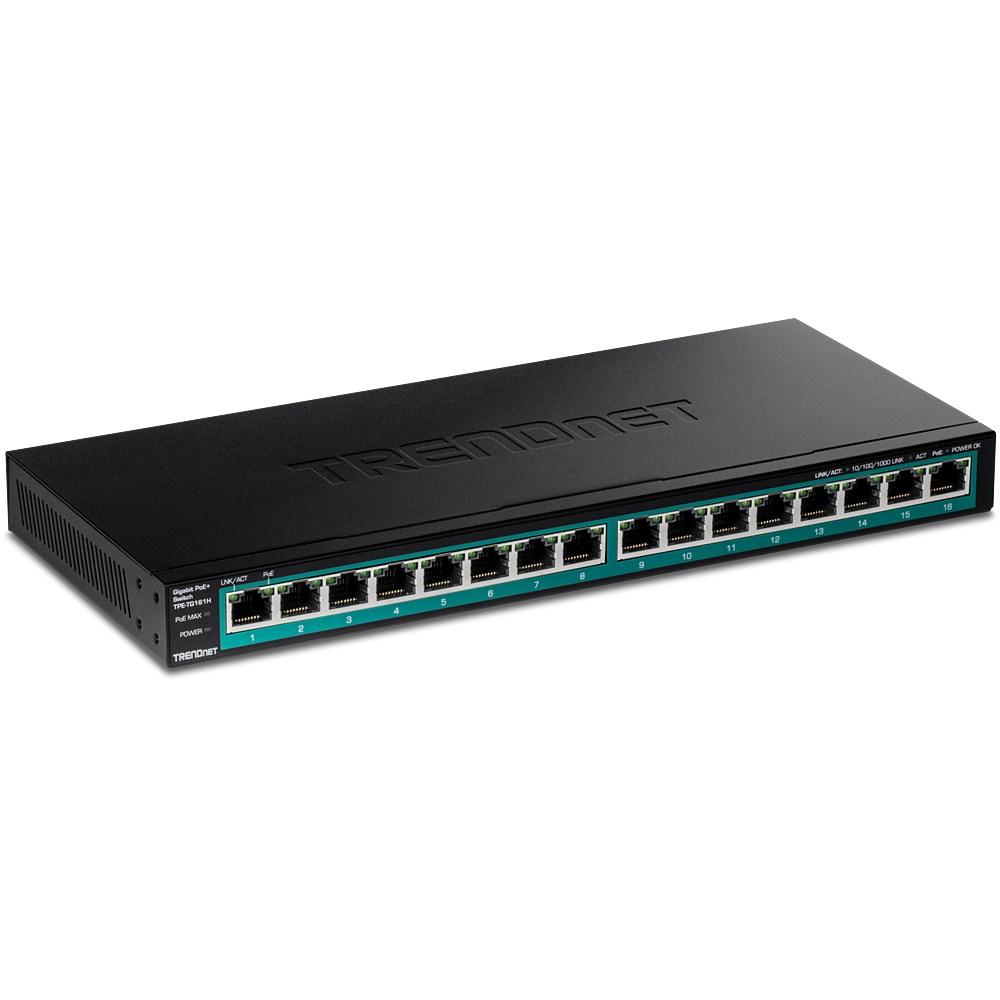 TRENDnet TPE-TG161H switch - 16‑port Gigabit, PoE, rackmonterbar - Sort billede