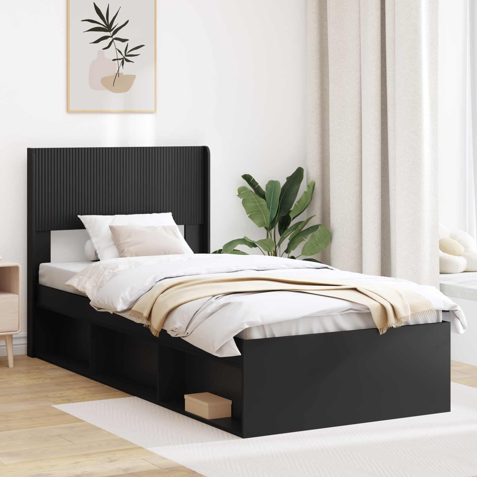 Sengestel med opbevaring og hovedgærde Sort 75 x 190 cm
