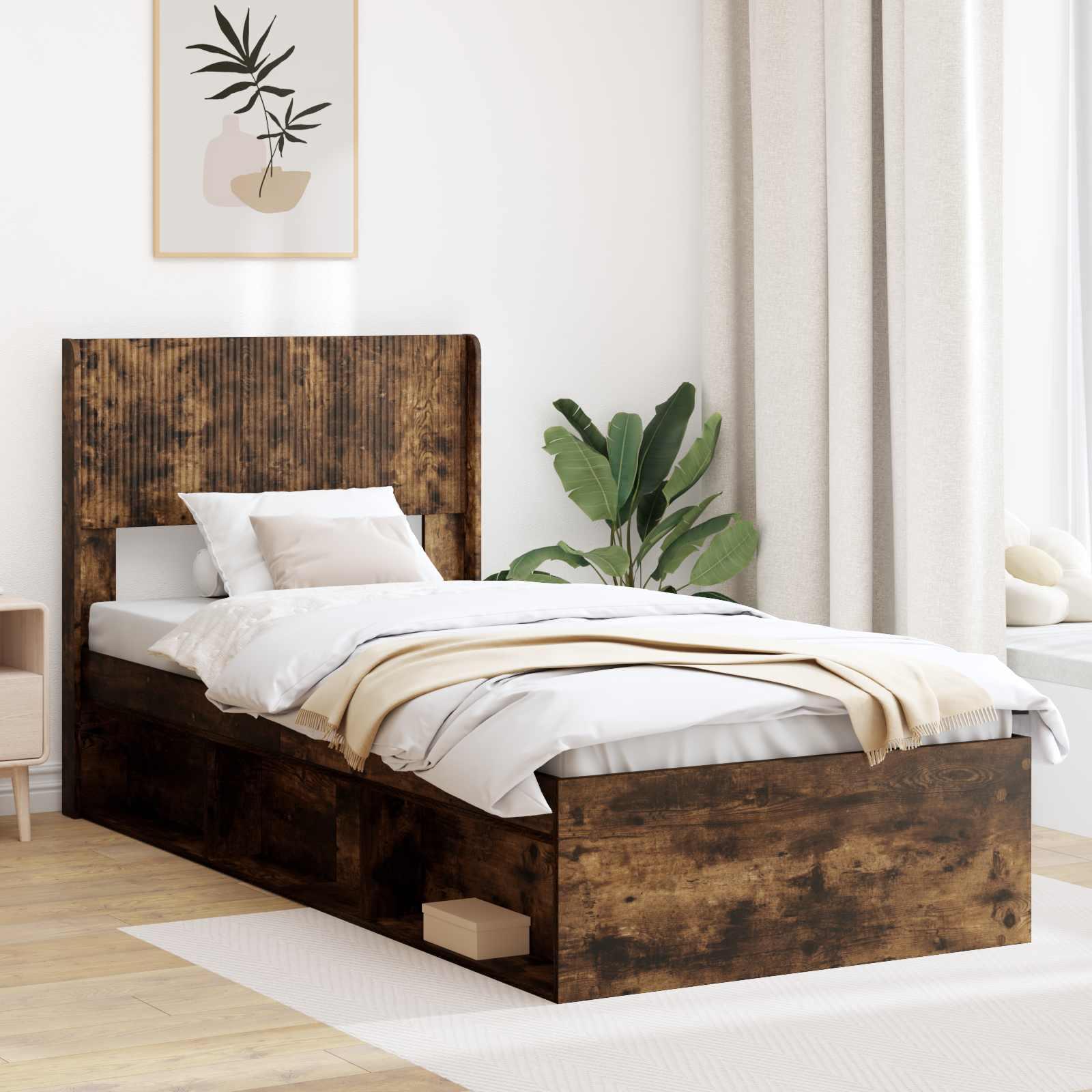 Sengestel med opbevaring og hovedgærde Røget eg 90 x 190 cm