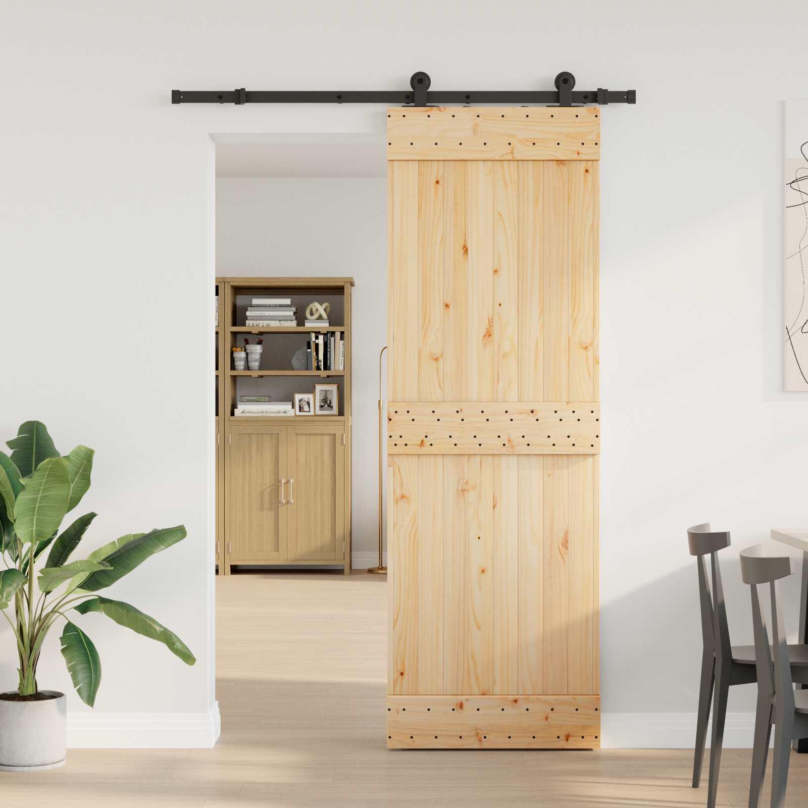 Skydedør NARVIK - naturfarvet fyrretræ med sort skinne 70 × 210 cm (skinne 152,5 cm)