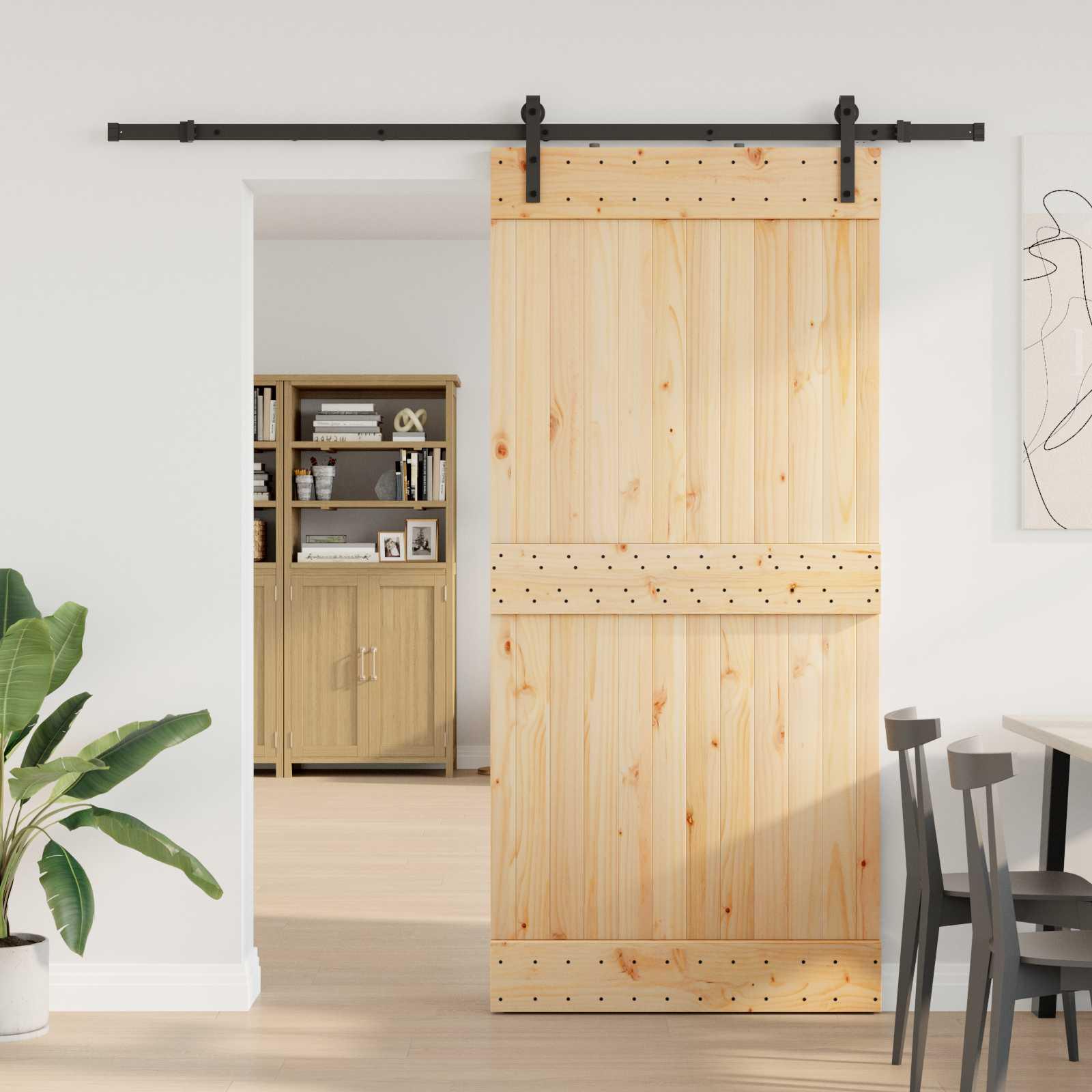 Skydedør i fyrretræ - natur/sort 95 × 210 cm med skinnesystem (213,5 cm)