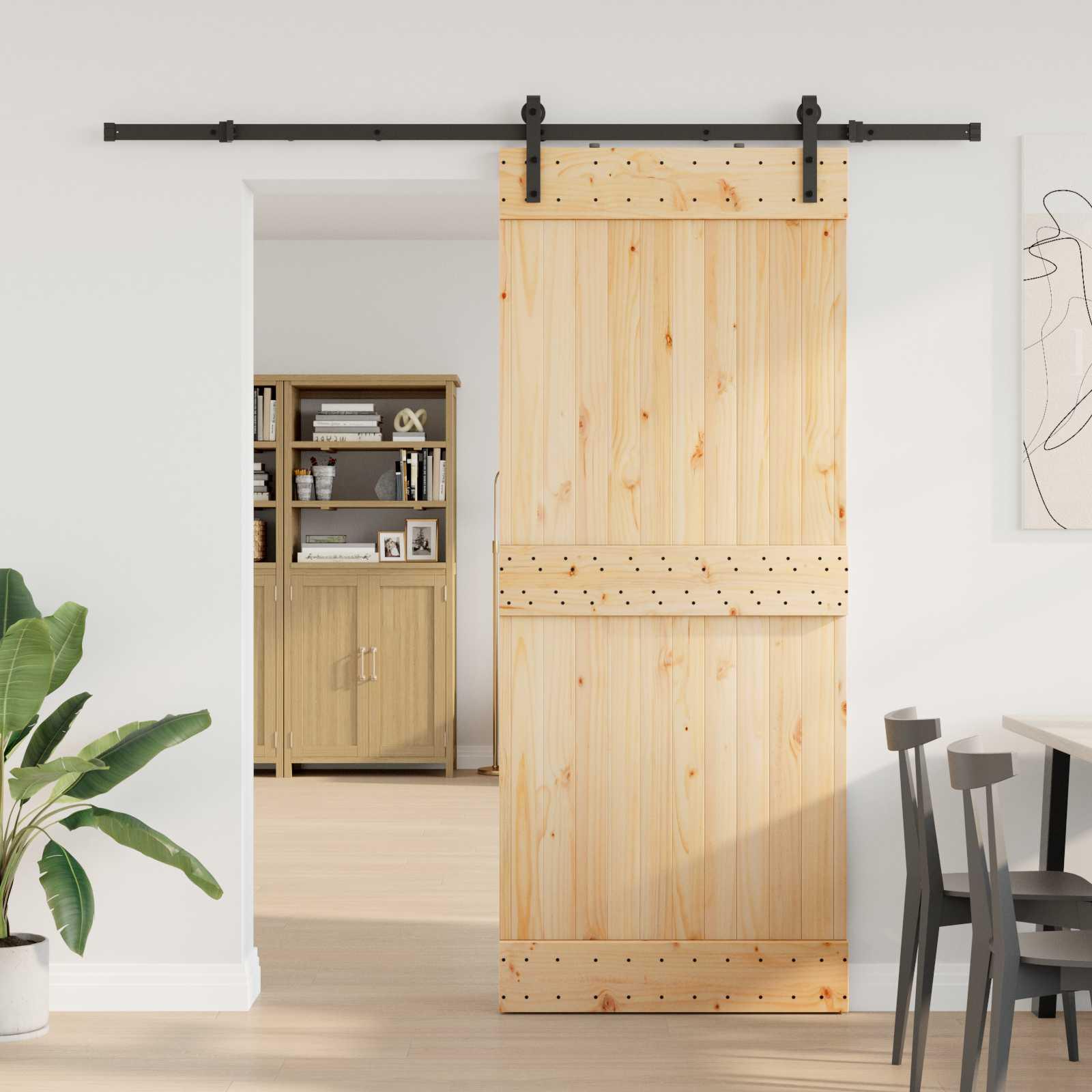 Skydedør NARVIK i fyrretræ - natur/sort 85 × 210 cm (skinne 213,5 cm)