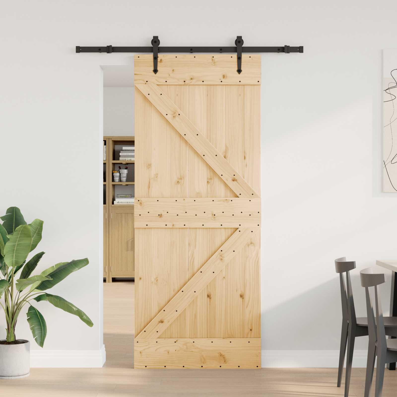 Skydedør NARVIK i fyrretræ - natur/sort 85 × 210 cm (skinne 152,5 cm)