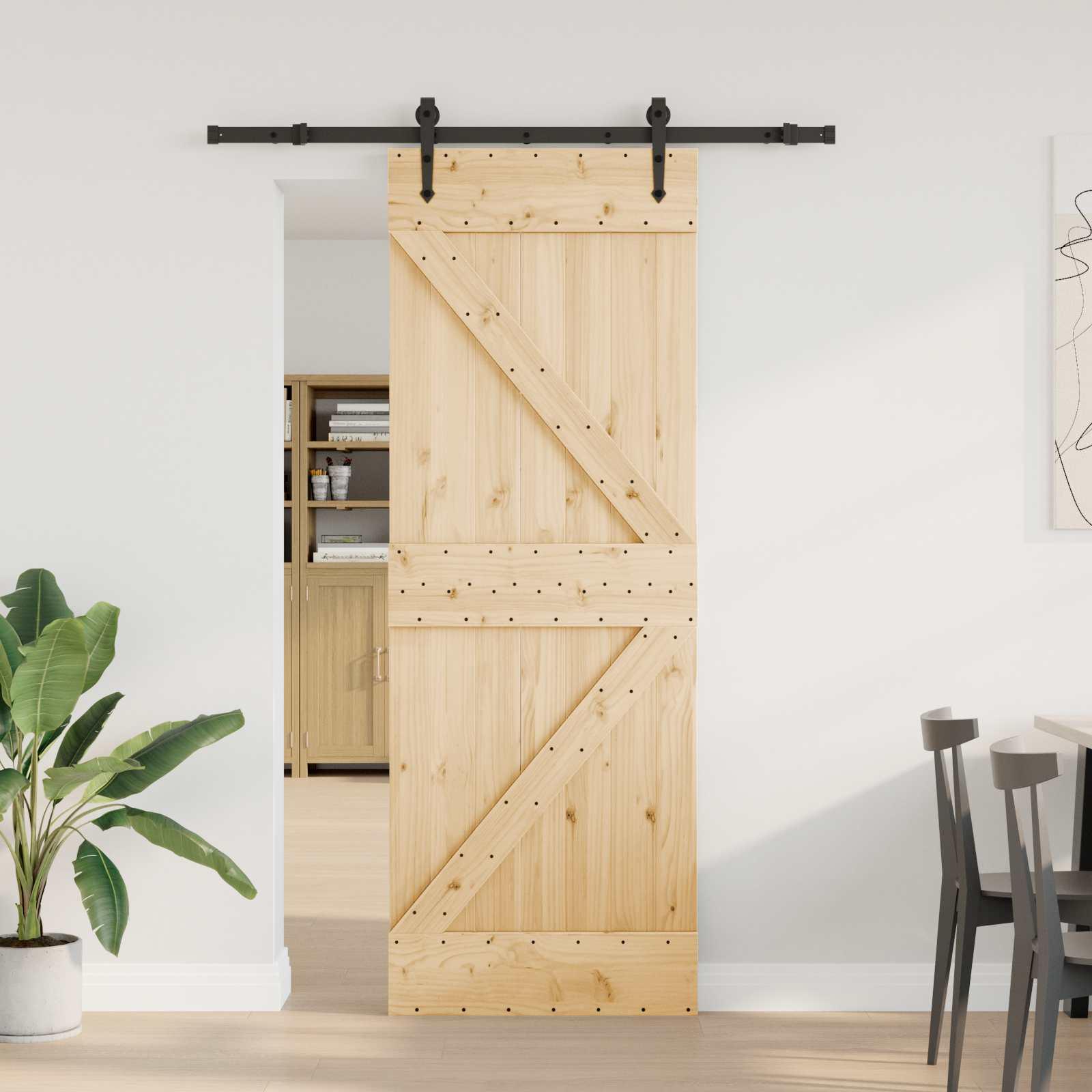 Skydedør NARVIK - naturfarvet fyrretræ med sort skinne 70 × 210 cm (skinne 152,5 cm)
