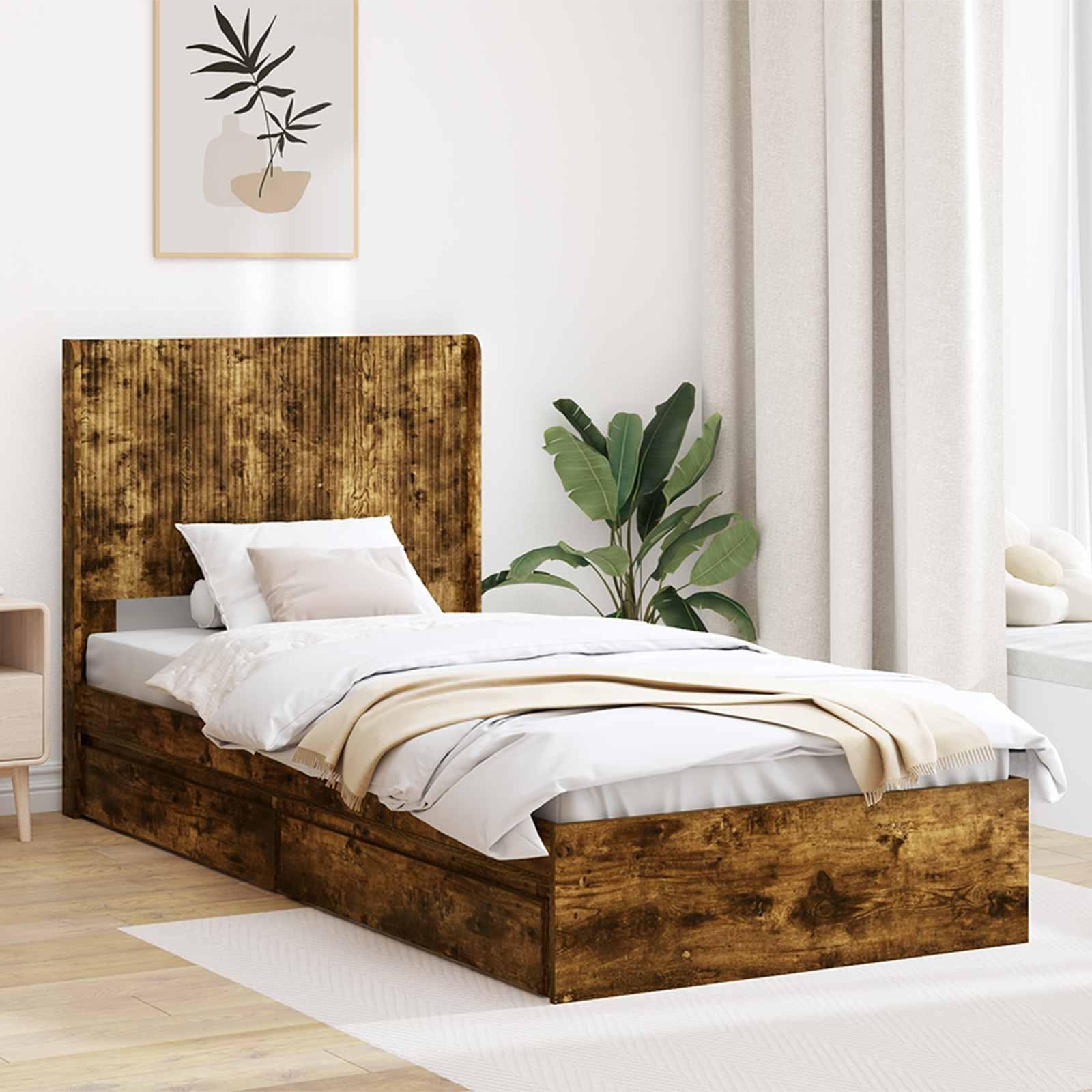 Sengestel med opbevaring og hovedgærde Røget eg 90 x 190 cm