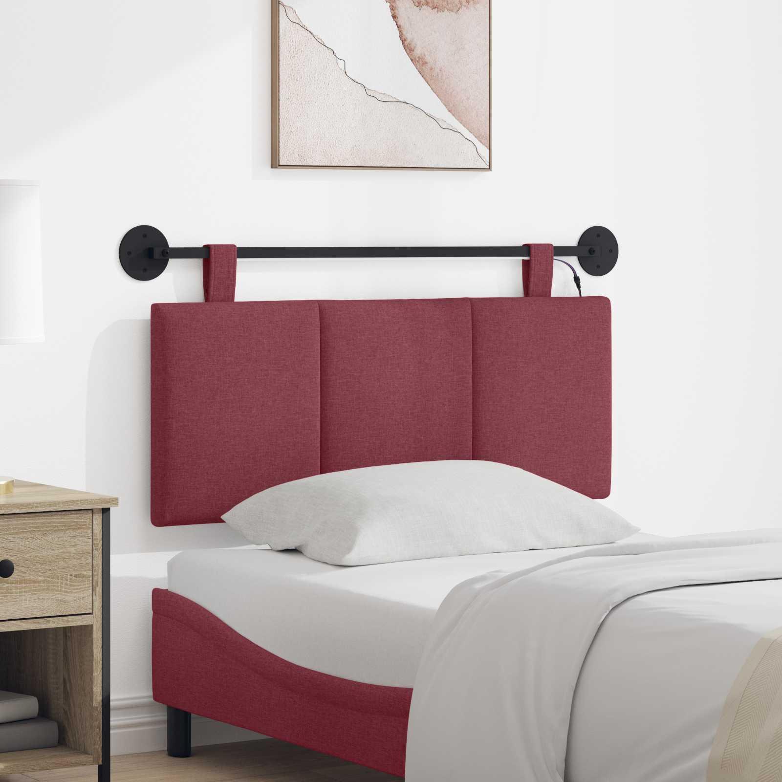 Hængende sengegavl med LED-lys - vinrød stof, 110 × 55 cm