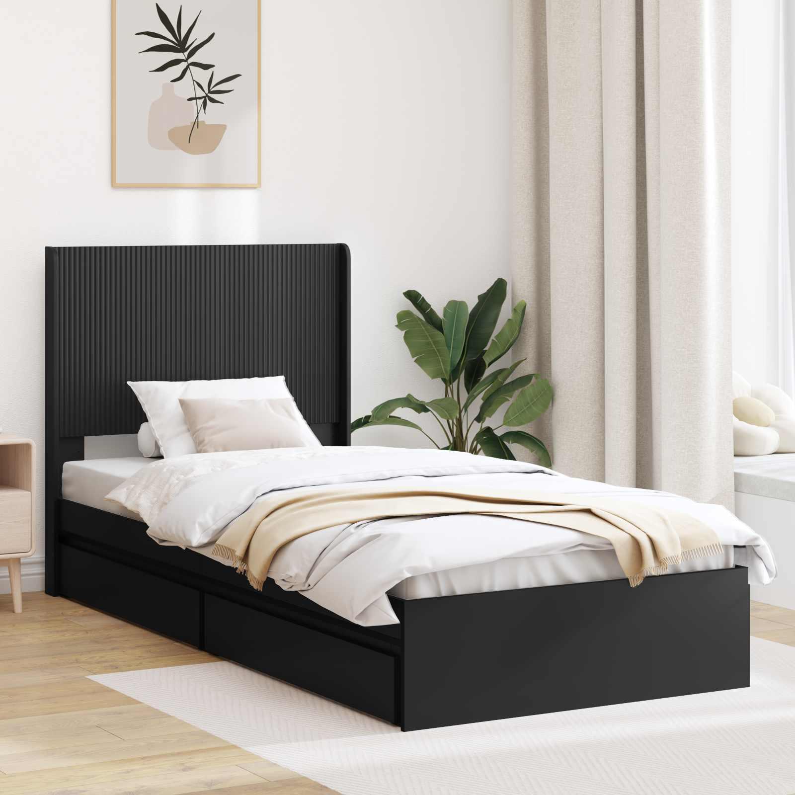 Sengestel med opbevaring og hovedgærde Sort 90 x 190 cm