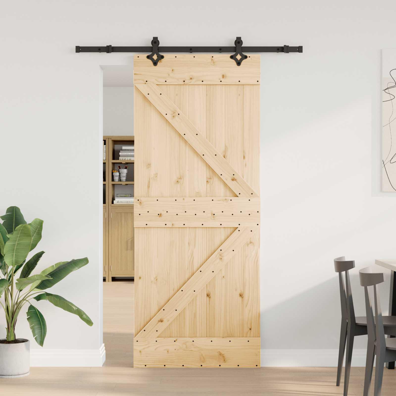 Skydedør NARVIK i fyrretræ - natur/sort 85 × 210 cm (skinnekit 152,5 cm)