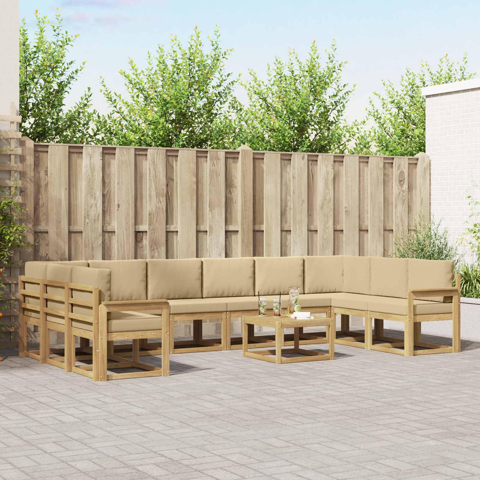 Udendørs modulsofa med bord - 11 dele, hvid/beige akacietræ