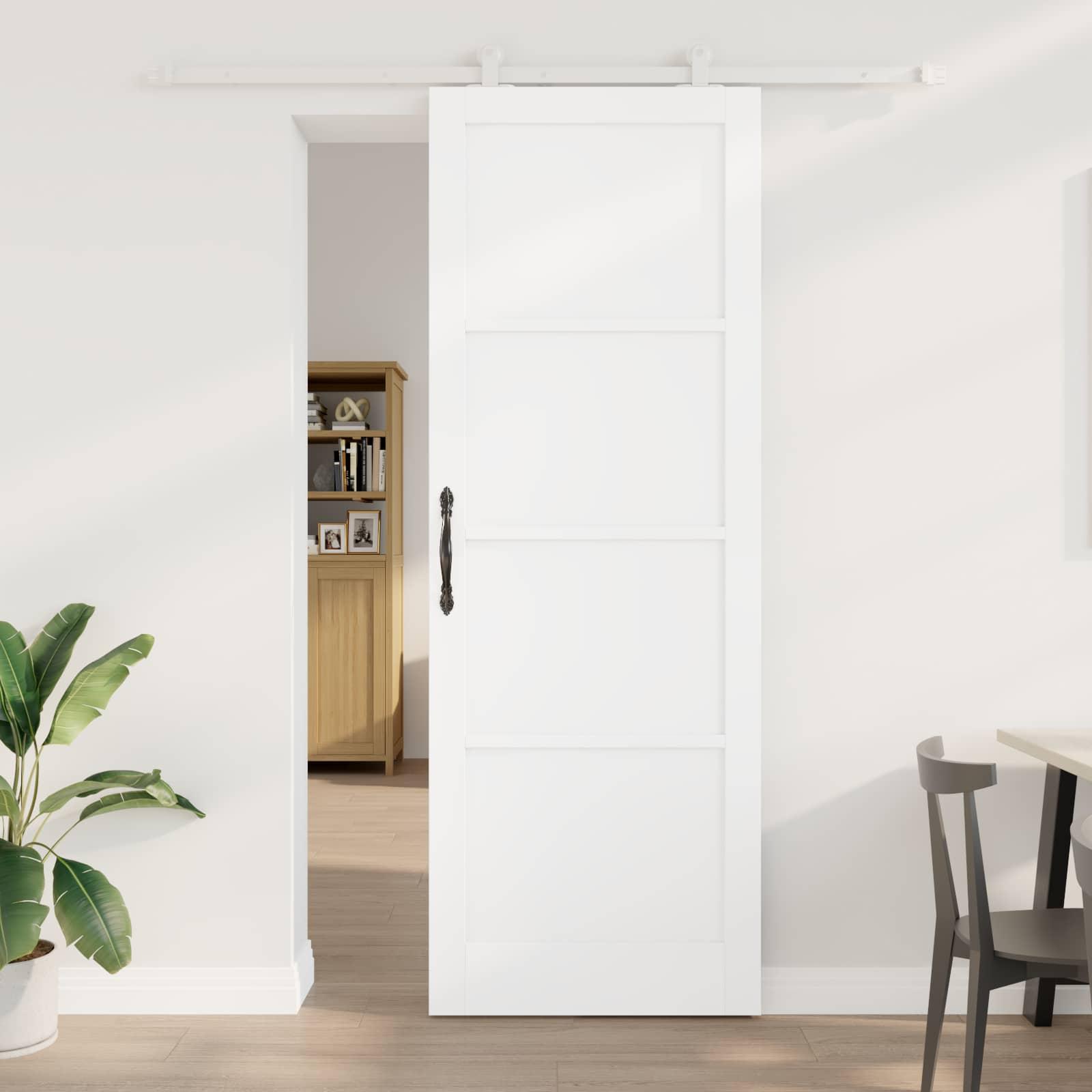 Skydedør i massivt fyrretræ - hvid 83 × 232 cm med skinnesystem